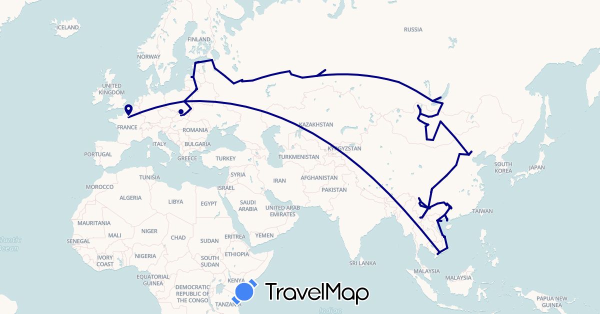 TravelMap itinerary: driving in China, Estonia, France, Lithuania, Latvia, Mongolia, Poland, Russia, Vietnam (Asia, Europe)